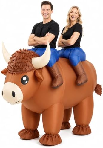 Inflatable Highland Cow Costume, 2 Person Ride-On Cow Outfit for Adults