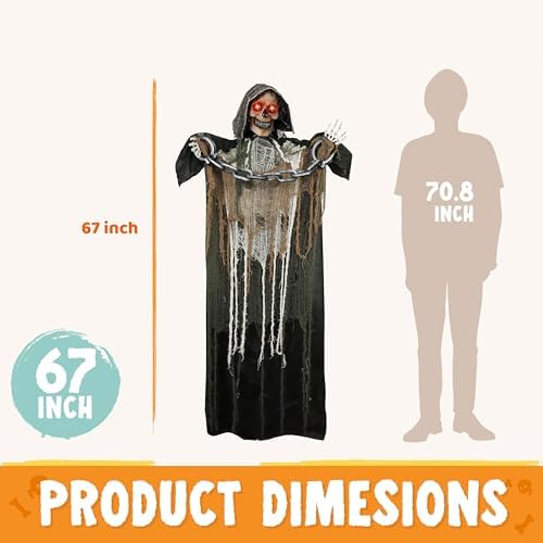 JOYIN Halloween Decorations Outdoor Life Size Animatronics Grim Reaper with Chain, Sound-Actived Party Decor with Creepy Sound, Scary Haunted House Props for Garden Yard Lawn