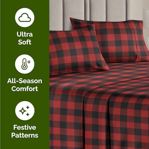 Christmas Sheet Set, Buffalo Plaid, Holiday Xmas Bedding Set - Full Size