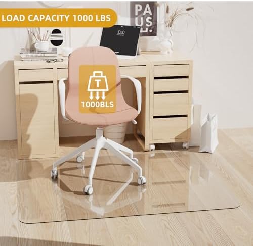 Glass Chair Mat Heavy 1/5" Thick Premium Tempered Glass Duty Hard Glass Chair Mats -for Office Chair on Carpet or Hard Floor with 4 Anti-Slip Pads 48" x 36"