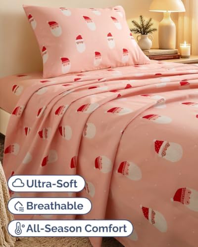 Christmas Sheet Set, Blush Santas, Holiday Xmas Bedding Set - Twin XL Size