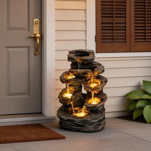 7-Tier Cascading Outdoor Fountain with LED Lights, 23 inch H Fountains and Waterfalls Stone-Look for Garden, Patio, Yard Decor