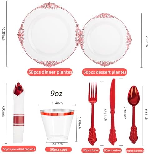 Hioasis 350 Pcs Clear Red Plates for Party