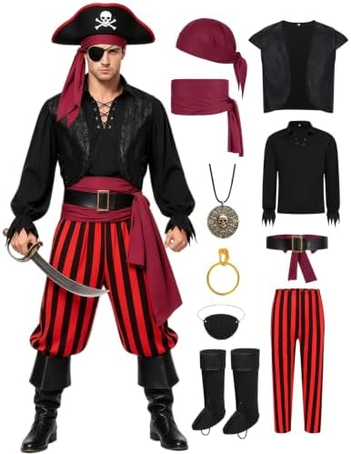 9pcs Adult Halloween Pirate Costume for Men with Accessories