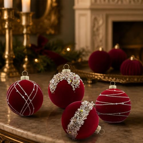 12Pcs Red Velvet Christmas Ornaments 3.15In Balls for Christmas Tree Deco