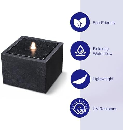 12.79” H Outdoor Water Fountain Made with Eco-Friendly Recyclable Materials, Polyethylene Square Bubbler Outdoor Fountain, Garden Decor with LED Light for Patio, Porch, Backyard