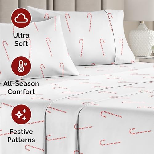 Christmas Sheet Set, Candy Canes, Holiday Xmas Bedding Set - Full Size