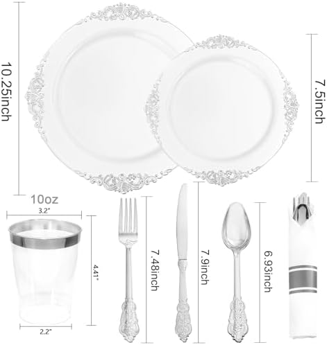 Hioasis 210 Pcs White Silver Plates for Party