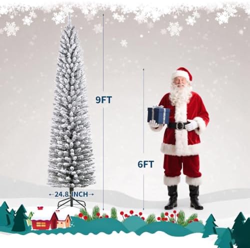 9Ft Pre-Lit Snow Flocked Pencil Christmas Tree, Fir Hinged Slim Skinny Corner Xmas Tree with 310 Incandescent Warm White Lights & Snow Branch Tips, White