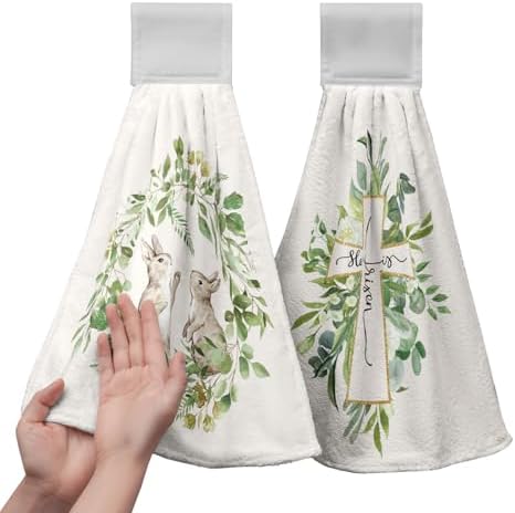 He is Risen Easter Kitchen Hanging Towels Set of 2 Easter Bunny Cross Hand Towels with Hanging Loop Spring Rabbits Green Leaf Wreath Dish Tie Towel Soft Absorbent Fingertip Bath Towel for Bathroom