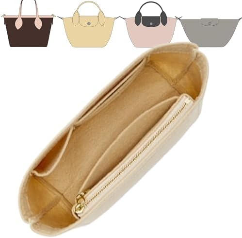 Doxo Small Purse Organizer Insert for Handbags, Felt Neverfull BB Organizer Insert,Mini Tote Bag Organizer with Zipper Pocket, Fit Neverfull BB Longchamp Xtra Energy S and More, Beige-XS