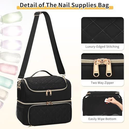 CUBETASTIC Nail Polish Organizer & Storage Bag for 48 Bottles & Full-Size Lamp, Double-Layer Travel Case Box for Nail Supplies, Manicure Kit & Pedicure Tools (Black, 48 Slots)