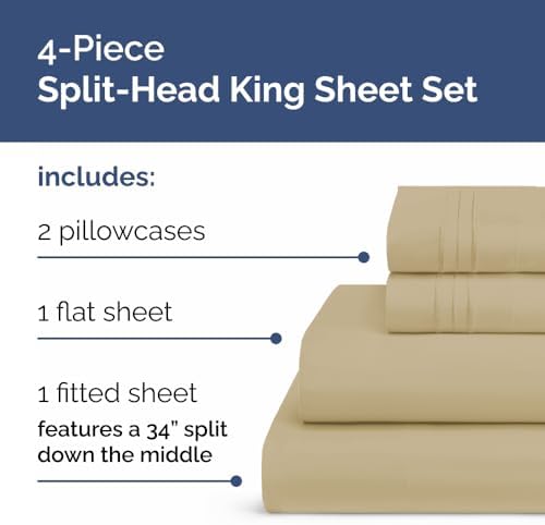 Flex Top Split Head King 4 Piece Sheet Set - Ultra-Soft, Breathable - Beige