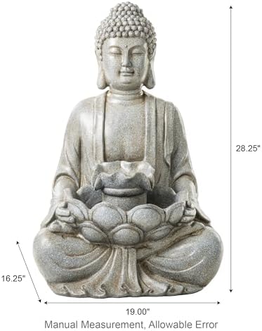 Glitzhome Buddha Outdoor Water Fountain with Lights and Pump, 28.25" H Zen Style Outdoor Fountain Concrete Meditating Buddha Statue Polyresin Garden Fountain Waterfall for Patio, Porch, or Yard Decor
