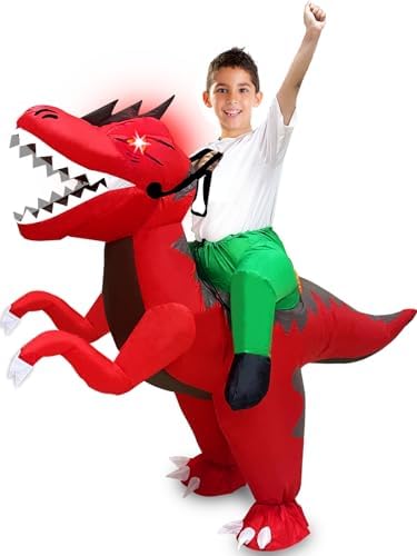 Camlinbo Kids Halloween Inflatable Costume, Dinosaur T-Rex Blow up Rider Costume with LED Eyes for Halloween Cosplay Party