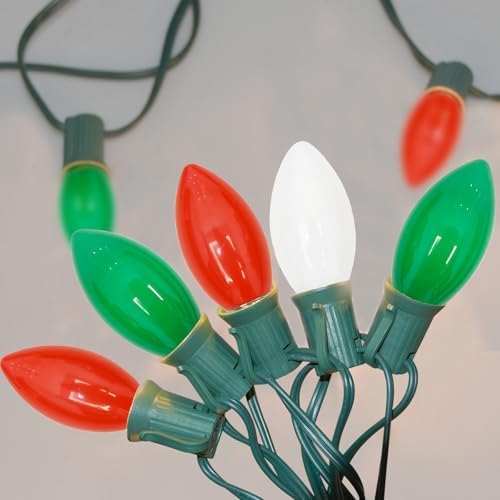 SUNSGNE C9 LED Outdoor Vintage Christmas Lights, 25FT Christmas Tree Lights with 26 0.6W LED Red Green White Bulbs(1 Spare) for Patio Garden Holiday Home Décor, Green Wire