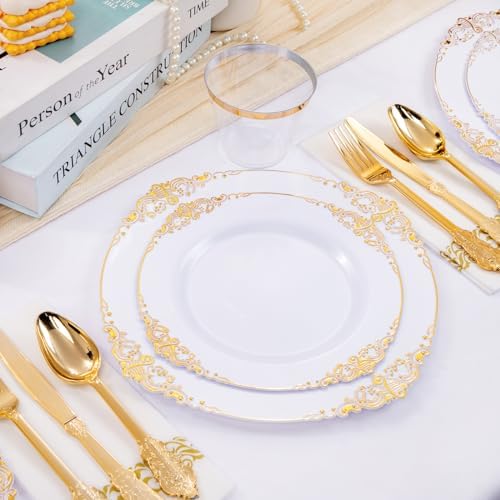 Hioasis 175 Pcs White Gold Plates for Wedding