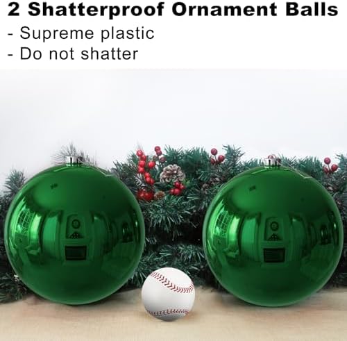 Emerald Green 8.0" Extra Large Christmas Balls Ornaments - Christmas Tree Decorations Shatterproof Shiny Hanging Balls for Birthday St. Patrick's Day Easter Mardi Gras Wedding Decorations Set of 2pcs