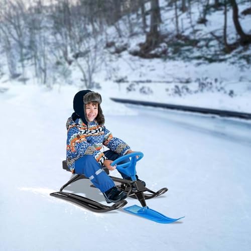 Kids Snow Sled with Steering Wheel & Seat, 220 lbs Capacity Winter Snow Skis for Children Ages 3-15, Kart Style Ski Sled for Snow Sand & Ice, Heavy Duty Steel Frame All-Terrain Sled for Adults