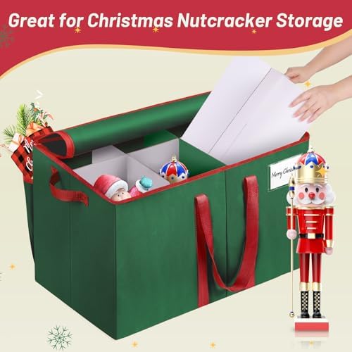 EverMerry Nutcracker and Figurine Collectibles Storage Box， Large Ornament Storage Organizer Stores Up to 8 Holiday Figurines-Carolers, Santa Figure, or Nut Cracker Ornaments (Green/15 Inches)