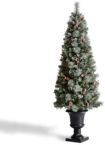 Glitzhome Artificial Christmas Tree, 6 FT Pre-Lit Frosted Pine Cones and Red Berries Christmas Porch Tree with 200 Warm White Lights for Indoor Porch of Home and Office
