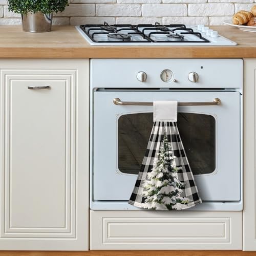 Christmas Hanging Kitchen Towels Winter Buffalo Plaid Red Truck Xmas Tree Hand Towel with Hanging Loop Black and White Check Christmas Dish Tie Towels Fast Drying Washcloth for Bathroom Set of 2