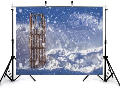 8x8ft Fabric Wooden Sled Backdrop Strip Wood Frame Color Strap Falling Snow Thick Snow Ground Winter Scene Photography Background for Kids Party Decorations Photo Booth Props
