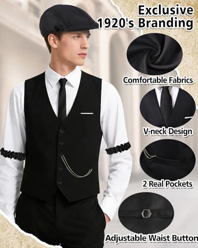 1920s Mens Costume, Roaring 20s Costumes for Men 1920s Mens Outfit with Walking Cane Vest Hat 1920 Mens Accessories