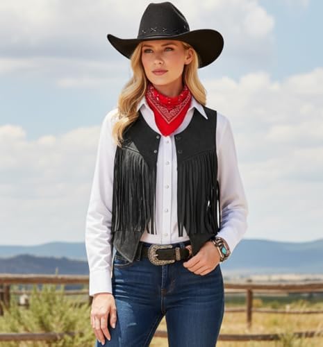 Women Cowgirl Costume Western Vest Hat Belt Set for Cowgirl Cowboy Halloween Cosplay