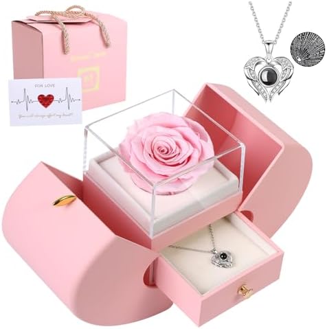 Preserved Real Pink Rose with I Love You Necklace 100 Languages, Gifts for Girlfriend, Women, Mom, Wife, Gifts Idea on Christmas, Valentine's Day, Mother's Day, Birthday, Anniversary, Thanksgiving