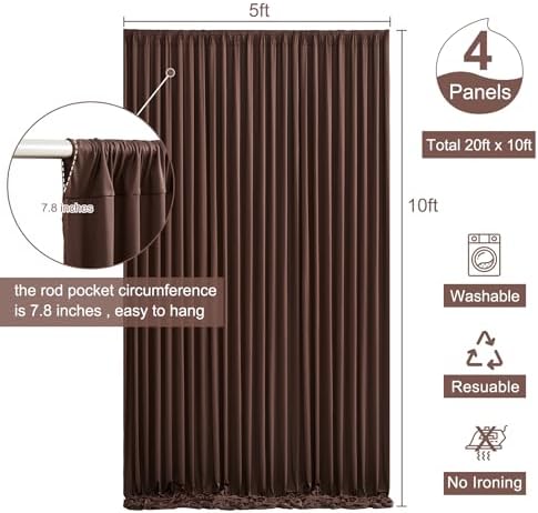 4 Panels Brown Backdrop Curtain for Parties Wedding Wrinkle Free Brown Photo Curtains Backdrop Drapes Fabric Decoration for Birthday Party Baby Shower 20ft(W) x 10ft(H)