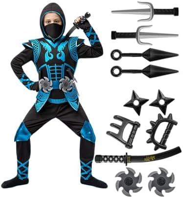 Spooktacular Creations Blue Ninja Costume Set, Ninja Jumpsuit with Foam Accessories for Kids, Toddler Halloween Outfit for Ideas Cosplay Party (Medium, 8-10 yrs)