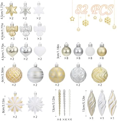82Pcs Christmas Tree Ornaments Set,Shatterproof Christmas Decorations for Tree Assorted Plastic Craft Baubles Snowflake Ball Ornaments with Durable String for Holiday Party Decor (Gold & White)