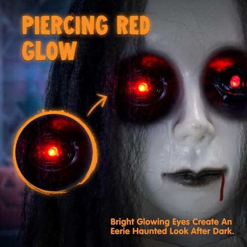 JOYIN Scary Halloween Decorations Outdoor, Hanging Swinging Ghost Girl with Sound Activated, Light Up Eyes and Creepy Expression, Hanging Activated Halloween Decor for Indoor Outdoor