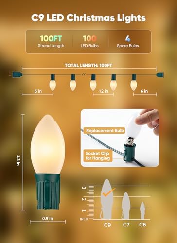 Minetom 100Ft Christmas Lights Outdoor, 100 LED C9 String Lights Warm White