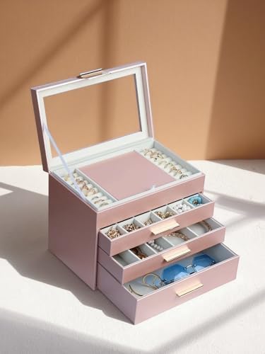 BOOVO Jewelry Boxes for Women, White and Black 6 Layer Large Jewelry Box for Necklace, Bracelet, Earrings, Rings Storage, Jewelry holder Organizer for Girls Gift (Rose gold, 4 layer)