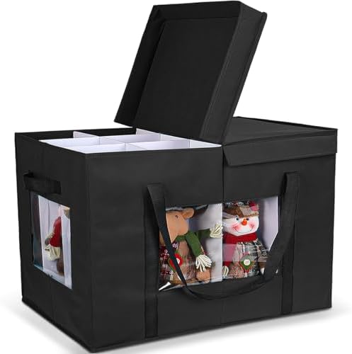 Christmas Figurine Storage Box, 24”x18”x15” Ornament Storage Box, 2025 UpgradeNutcracker Storage Box, Figurine Storage with Dividers, Adjustable Extent Area for Figurines and Pocket, Black