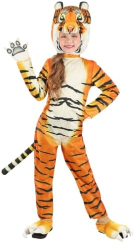 Kid's Realistic Tiger Costume with Headpiece & Tail - Includes Mitts, Shoe Covers, Striped Jumpsuit