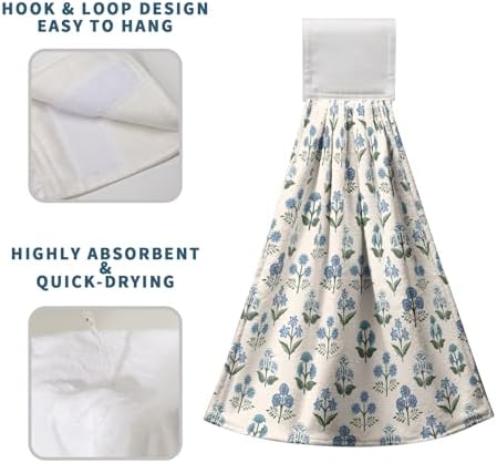 Blue Green Floral Summer Hanging Kitchen Towels Vintage Flowers Hand Towel with Hanging Loop Farmhouse Decorative Bath Tie Towels Soft Absorbent Fingertip Dish Cloth Set of 2