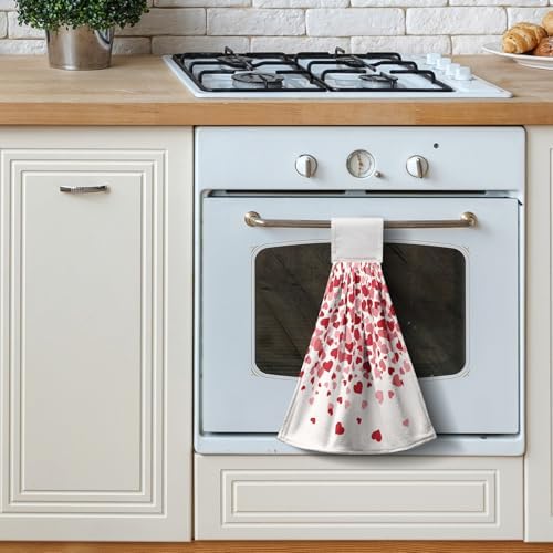 Valentines Day Hanging Kitchen Towels Set of 2 Valentine Pink Love Heart Hand Towels with Hanging Loops Holiday Wedding Romantic Dish Washcloth Soft Absorbent Tea Bar Bath Tie Towel