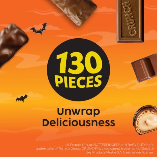 Butterfinger, CRUNCH, Baby Ruth, 100 Grand, Kinder Bueno, Kinder Chocolate, Halloween Candy Fun Size, 130 Minis, 36.9 oz (Pack of 2)