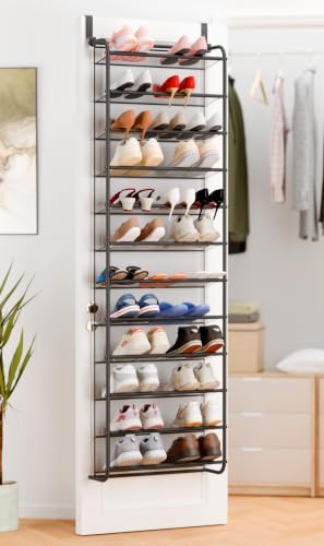 Whitmor 36 Pair Over the Door Shoe Rack,12 Tier Hanging Shoe Organizer with Metal Frame & Mesh Shelves, Heavy Duty Shoe Storage Holder for Door, 74" H x 21.7" W x 7.5" D, Gunmetal Gray