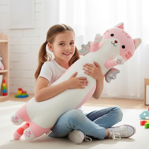 Somao 35.4" Long Cat Plush Pillow with Wings - Super Soft Stuffed Animal for Kids & Adults, Cute Body Pillow for Sleeping, Squishy Cat Plushies Gifts for Girls (Pink)