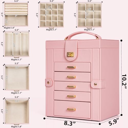 AKOZLIN 6-Tier Jewelry Box Organizer 5 Drawers Storage Light Pink Regular