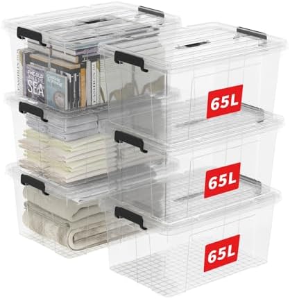 Cetomo Lidded Storage Bin with Handle, Storage Bins with Lid, Organizing Container with Secure Latching Buckles, Stackable and Nestable, Plastic, 72 Quart-6 Pack, Clear