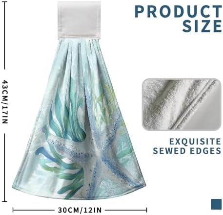 2 Pcs Starfish Hanging Hand Towels Summer Coastal Nautical Kitchen Towels with Hanging Loop Aqua Turquoise Beach Ocean Coral Bath Tie Towels Oven Stove Dish Washcloth