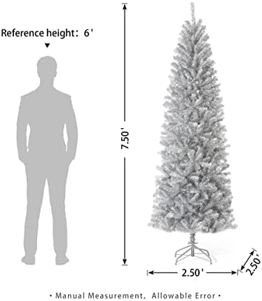Glitzhome 7.5ft Silve Pencil Tinsel Artificial Christmas Tree, Holiday Hinged Fir Christmas Tree with 1188 Branch Tips and Metal Foldable Stand for Home Office Party Holiday Decoration