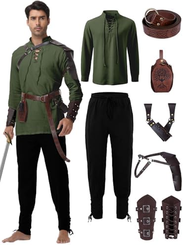 Men's Renaissance Costume,8 Piece Medieval Viking Pirate Outfit Set
