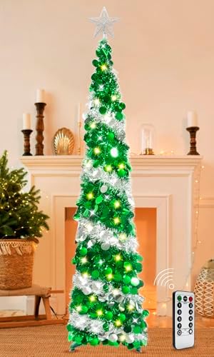 HISFFOG 5FT Pop Up Christmas Tree with 8 Rmote Lights Modes - Dual Color Sequin Tinsel Christmas Tree, Collapsible Artificial Pencil Christmas Trees Decorations for Home, Apartment, Office, Party