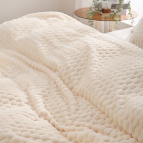 Puncuntex Cream White Throw Blanket 90"×90" Fuzzy 3D Jacquard Decorative